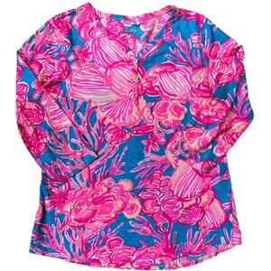 Lilly Pulitzer Tunic Top Shirt Coral Lovers Brink Neon Pink Blue Girls XL 12 14